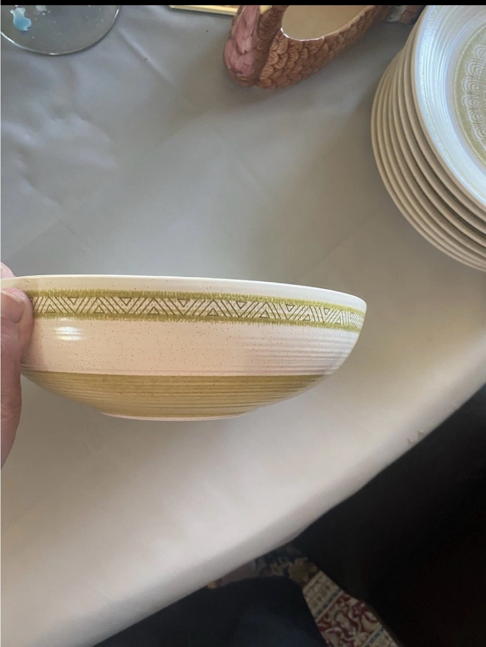 Stoneware Serving Bowl with Olive Green Accent